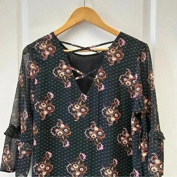 DR2 Blouse Sheer Ruffle Sleeve Bohemian Dark Floral Flowy Black Brown Small - Picture 6 of 12
